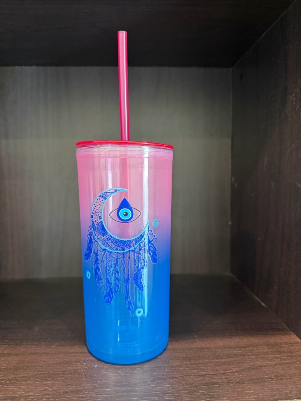 Hand Crafted Pink and Blue Ombre Tumbler with Crescent Dreamcatcher Eye